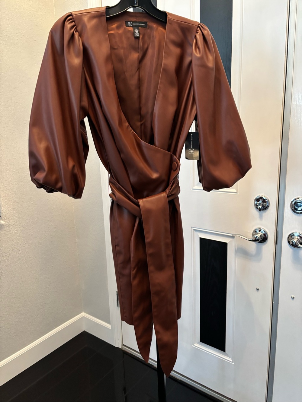 INC, Modern, Edgy faux-leather trench style wrap dress. 0 NWT 80.
